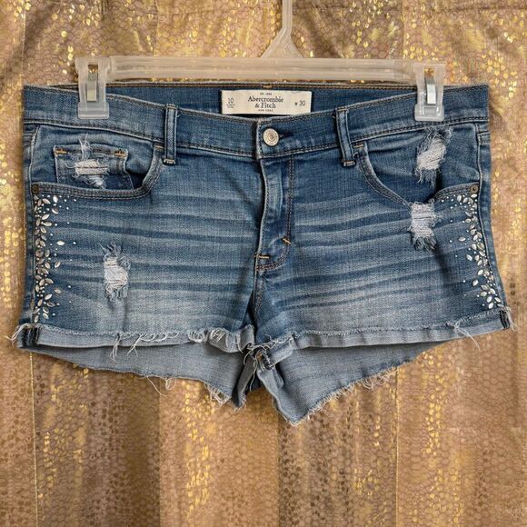Abercrombie & Fitch Y2K 2000s Embellished Rhinestone Shorty Jean Shorts 10/30 - Picture 1 of 7